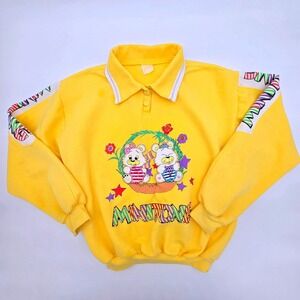 Vintage Fuda Yellow Minitong Bear Graphic Polo Collar Sweatshirt 90s Kids Large